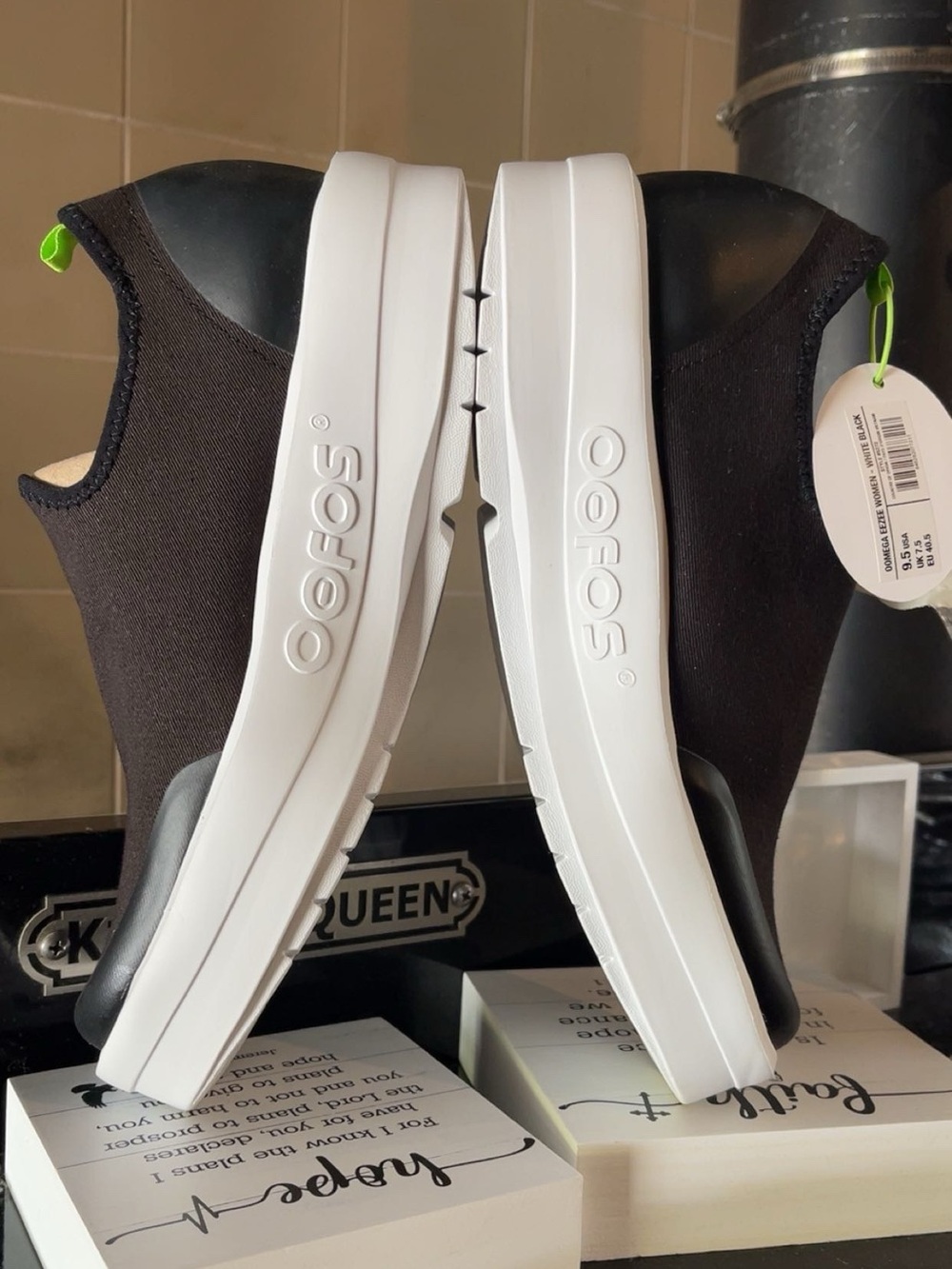 OOFOS Women's Black Slip-On Mules with White Platform Sole and Lime Pull Tab
